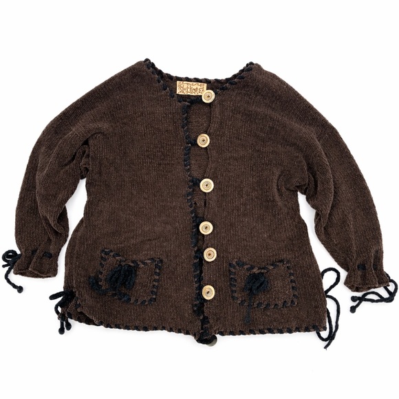Hot Knots Brown Cotton Cardigan Sweater Cottagecore Boho Artsy Indie Slouchy OS - Picture 3 of 13